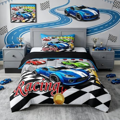 Feelyou Speed Sports Car Bedding Set Soft for Boys Girls, Steering Wheel Comforter Set Toddler Size Racing Duvet Quilt Microfiber Extreme Sports Bedroom Decor Automobile 2 Pcs with 1 Pillow Cases