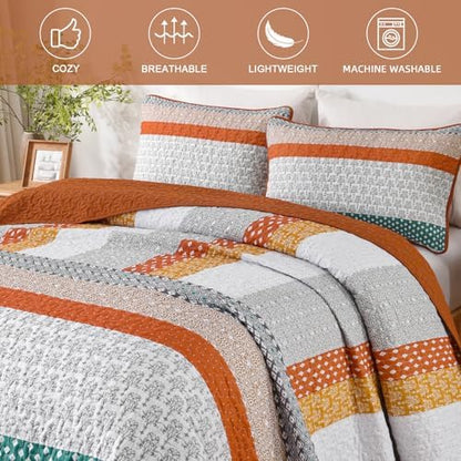 WONGS BEDDING Boho Quilt King Size, Patchwork Bedding Set, Blue Brown