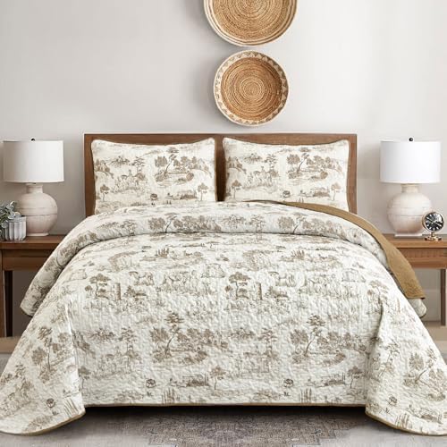 Drucon Khaki Quilt Set Queen Size, Toile Farmhouse Bedspreads, 3 Pieces Rustic Village Landscape Printed Coverlet, Soft Microfiber Quilt Bedding Set for All Season (96x90 Inch)