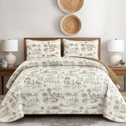 Drucon Khaki Quilt Set Queen Size, Toile Farmhouse Bedspreads, 3 Pieces Rustic Village Landscape Printed Coverlet, Soft Microfiber Quilt Bedding Set for All Season (96x90 Inch)