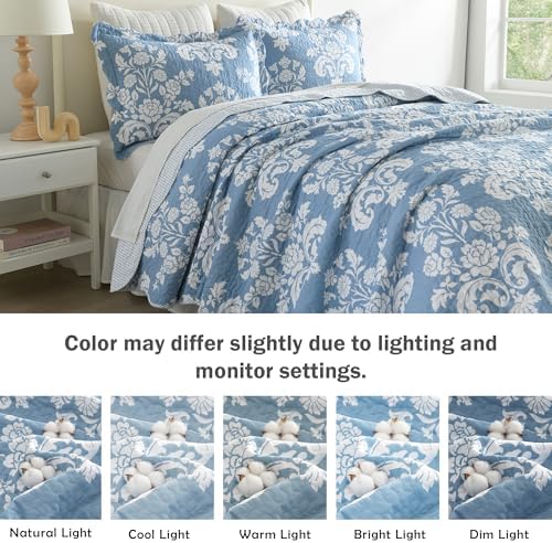 Queen Size Quilt Set - Blue and White Floral Quilt with Shams