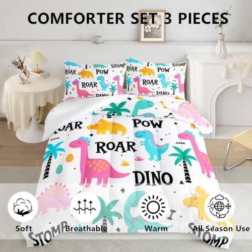 Axolotl Girls Cartoon Dinosaur Bedding Comforter Set,Cute Colorful Dinosaur Bedding for Girls Teens,Kawaii Dino Animal Kids Comforter Set for Boys Adults,1 Quilt 2 Pillow Cases,White King Size