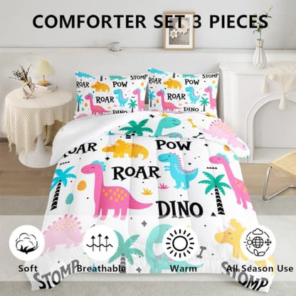 Axolotl Girls Cartoon Dinosaur Bedding Comforter Set,Cute Colorful Dinosaur Bedding for Girls Teens,Kawaii Dino Animal Kids Comforter Set for Boys Adults,1 Quilt 2 Pillow Cases,White King Size