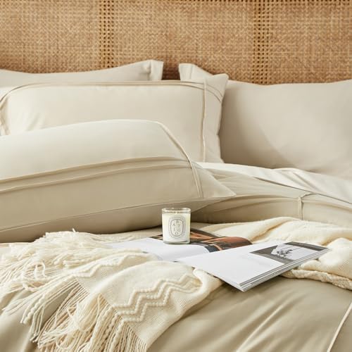 Yogeneg Twin Comforter Set 5 Piece Bed in a Bag,Grid Pinch Pleat Beige Twin Bedding Set,Striped Textured Soft Microfiber Comforter with Sheet Set,All Season Complete Bed Set(Beige,Twin)