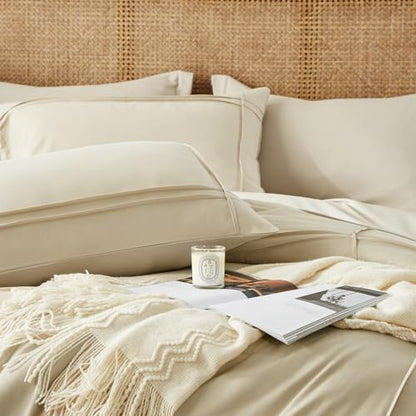 Yogeneg Queen Comforter Set 7 Piece Bed in a Bag,Grid Pinch Pleat Beige Bedding Set,Striped Textured Soft Microfiber Comforter with Sheet Set,All Season Complete Bed Set(Beige,Queen)
