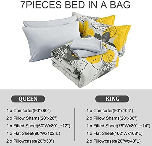 Yellow King Size Comforter Set, 7 Pieces Yellow Floral on Gray Bed in a Bag