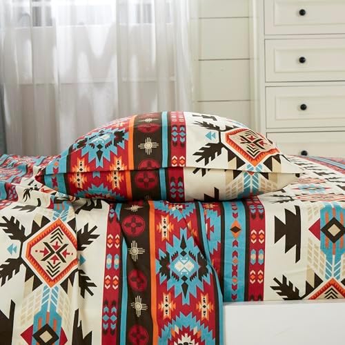 Chezmoi Collection 4-Piece Southwestern Geometric Motif Sheet Set King Size - Multicolor Red Brown Blue Cream Printed Brushed Microfiber Lightweight Breathable Deep Pocket Bed Sheets