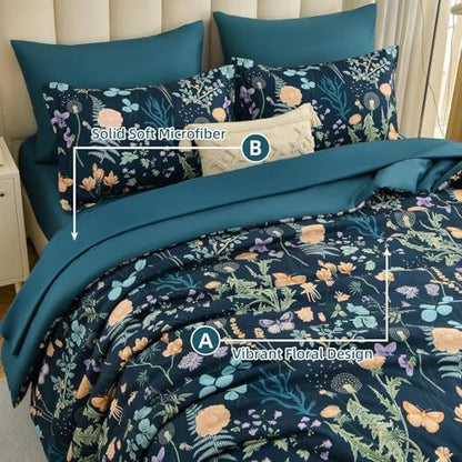 Yiran California King Comforter Set Peacock Blue, 7 Piece Summer Floral Comforters Bedding Set, Oversized King Bed in a Bag with Flowers Soft Lightweight Complete Set with Sheets for All Season