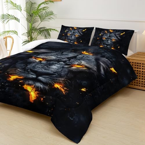 Black & Gold Queen Comforter Set Lion，Lion Queen Size Bedding Set，with 1 Comforter with 2 Pillow Case，Animal Bedroom Decor for Boys Kids Man