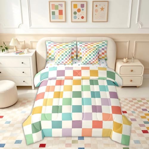 Feelyou Multicolored Checkered Retro 7 Piece Bedding Set Kids Boys Geometric Vintage Comforter Set with Sheets Queen Size Green Yellow Colorful Bed in a Bag Modern Simple Groovy Aesthetic Room Decor