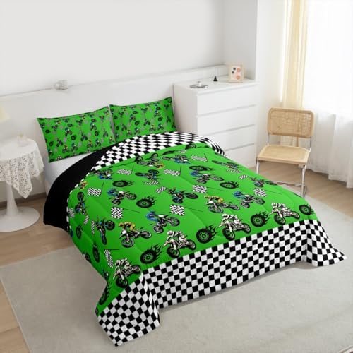 Feelyou Dirt Bike Comforter Set All Season Racing Motocross Rider Bedding Set with 2 Pillow Cases Motorbike Kids King Bedclothes Extreme Sports Decor Motorcycle Duvet Quilt Soft Lightweight