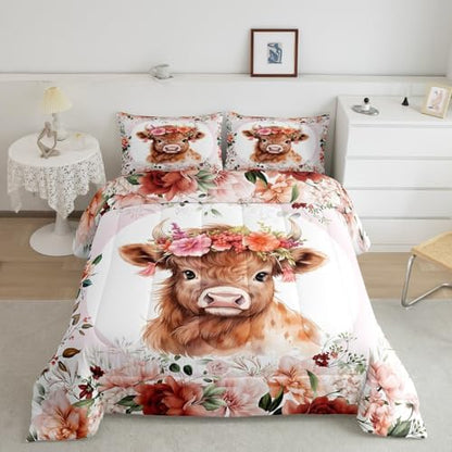 Feelyou Cute Highland Cow Comforter Set King Size Boys Girls Teens