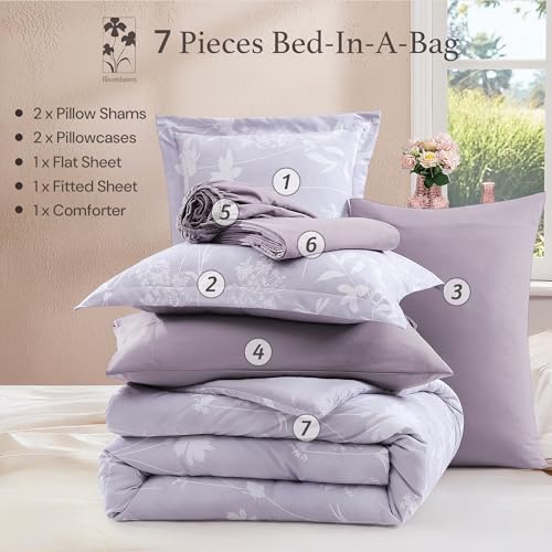 BLOOMHAVEN King Size Comforter Set-7 Pieces Purple Floral Bed in a Bag Kin