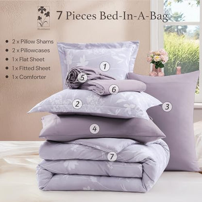 BLOOMHAVEN King Size Comforter Set-7 Pieces Purple Floral Bed in a Bag Kin