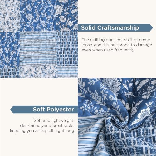 Litanika Floral Blue Quilt Queen - 3Pcs Botanical Birds Bedding Set