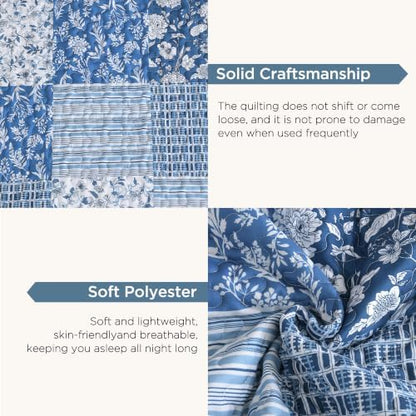 Litanika Floral Blue Quilt King - 3Pcs Botanical Birds Bedding Set