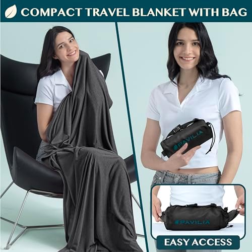 PAVILIA Travel Blanket Airplane Compact with Bag Lightweight, Black