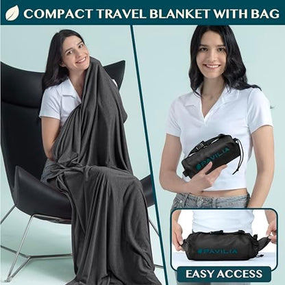 PAVILIA Travel Blanket Airplane Compact with Bag Lightweight, Black
