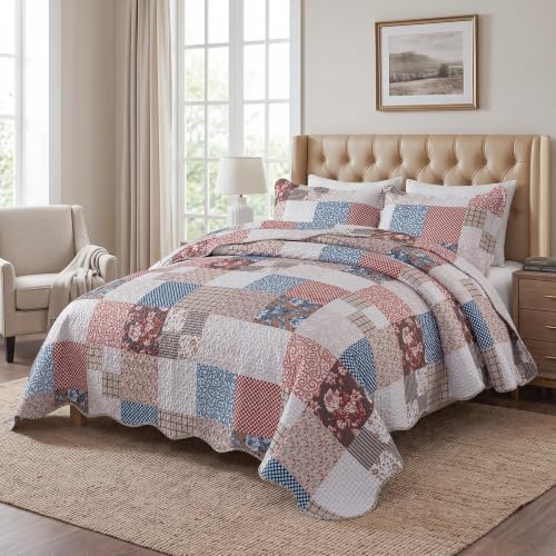HoneiLife Microfiber Quilt Sets King - Lightweight Bedspreads 3-Piece, Checkered Coverlets for King Bed, Vintage Bedding Sets All Season Use