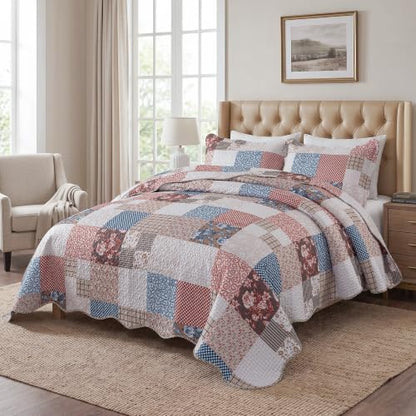 HoneiLife Microfiber Quilt Sets King - Lightweight Bedspreads 3-Piece, Checkered Coverlets for King Bed, Vintage Bedding Sets All Season Use