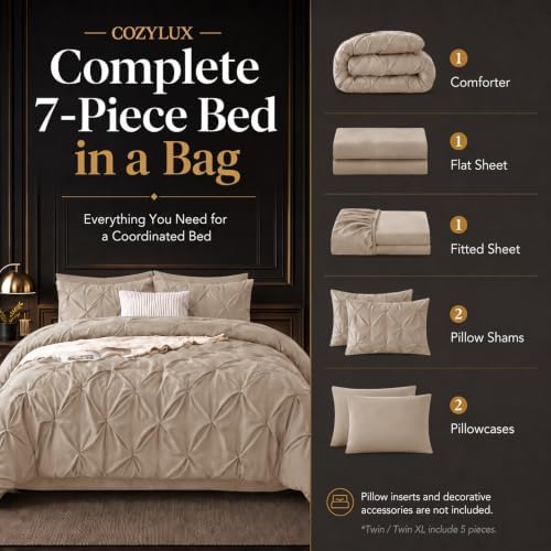 CozyLux Queen Comforter Set Wheat, 7 Pieces Pintuck Bed in a Bag