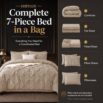 CozyLux Full Size Comforter Sets Wheat, 7 Pieces Pintuck Bed in a Bag