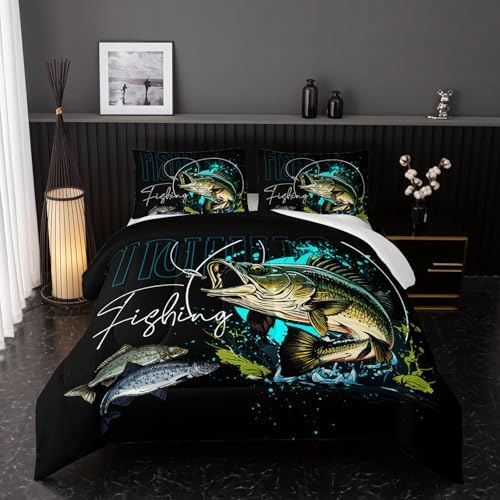 Nttopship Big Pike Fish Bedding ，Hunting and Fishing Brown Green Bedding Set Themed Comforter Set for Kids Boys Room Decor, King Bed in a Bag for Teens with 2 Pillowcases