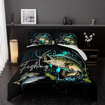 Nttopship Big Pike Fish Bedding ，Hunting and Fishing Brown Green Bedding Set Themed Comforter Set for Kids Boys Room Decor, Full Bed in a Bag for Teens with 2 Pillowcases
