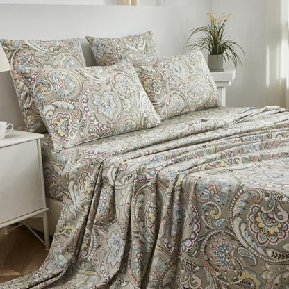 FADFAY Paisley Sheets Set Twin Vintage Floral Bedding Set 100% Egyptian Cotton Soft Breathable Bed Sheets Luxury 17.7“ Deep Pocket Fitted Sheet Shabby Beige Boho Style for All Season, Twin Size