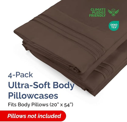 Body Pillowcases Set of 4-20x54 Long Body Pillow Case - Soft Body Pillow Cover for Sleeping & Side Sleepers - Comfy, Cozy Breathable & Fade Free - Machine Washable w/Envelope Enclosure - (Brown)