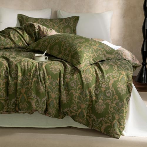 VM VOUGEMARKET Olive Green Duvet Cover Set King,Reversible Medallion Flower Print Bedding Set Linen Cotton Yarn-Dyed Textured Bohemian Duvet Cover with Zipper Closure-104 x90