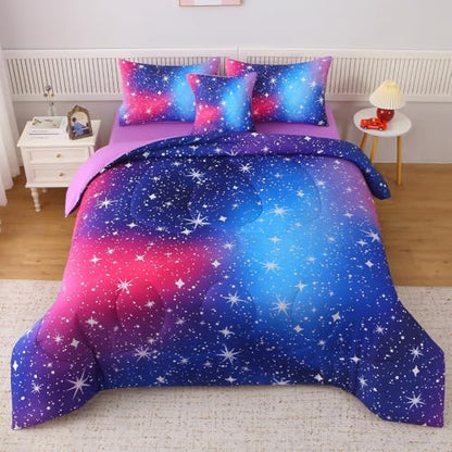 JQinHome Twin Ombre Pink Purple Comforter Set, 6 Piece Bed in A Bag 3D Colorful Bedding Sets for Teen Girls (1 Comforter,2 Pillowcases,1 Flat Sheet,1 Fitted Sheet,1 Cushion Cover)(Star Purple)
