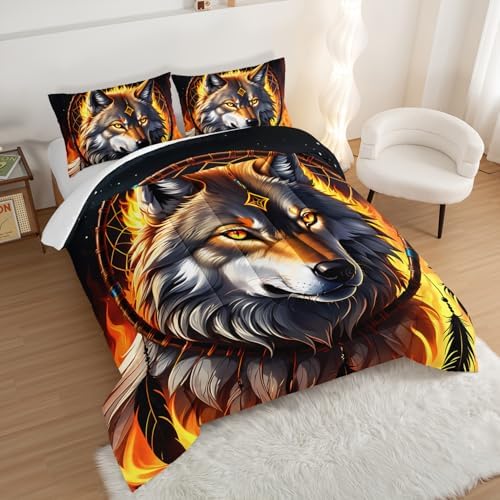 Wolf Comforter Set Twin Size,Dreamcatcher Flame Print Bedding Set for Kids Boys Room Decor,Boho Animal Themed Bedding Soft Lightweight Comforter Sets with 2 Pillowcases.