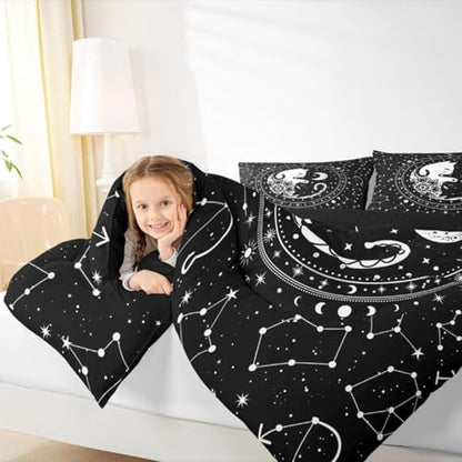 Black White Cat Comforter Set Queen,Gothic Star Sky Moon Constellation Bedding Set 3pcs for Kids Teens Boy Girls Room Decor,Animals Flower Plants Quilt Set Exotic Gothic Duvet Insert,2 Pillowcases