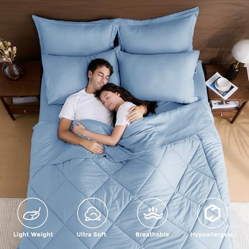 HEVUMYI 7-Piece Queen Comforter Set, Light Blue Bed in a Bag
