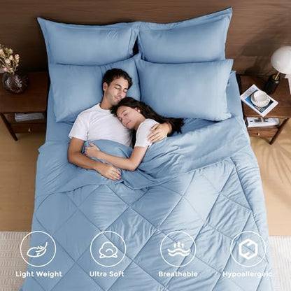 HEVUMYI 7-Piece Queen Comforter Set, Light Blue Bed in a Bag
