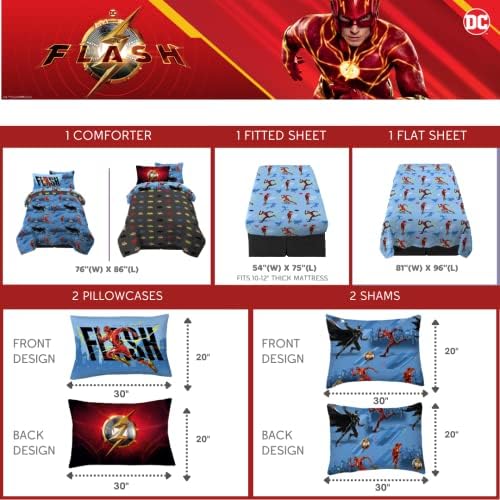 WB The Flash Movie DC Comics Super Soft Comforter and Sheet Set with Sham,7 Piece Full Size, (Official Licensed Product) By Franco