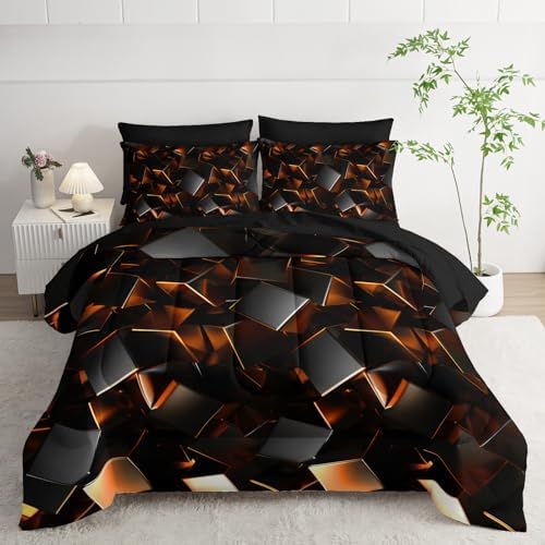 Nttopship Black and Yellow Geometric Comforter Set Twin Size 7PCS,Abstract Triangular Printed Bedding Set for Adults,Geometric Mordern Art Decor All Seasons with Pillowcases,Flat, Fitted Sheet