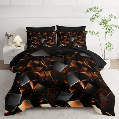 Nttopship Black and Yellow Geometric Comforter Set Twin Size 7PCS,Abstract Triangular Printed Bedding Set for Adults,Geometric Mordern Art Decor All Seasons with Pillowcases,Flat, Fitted Sheet
