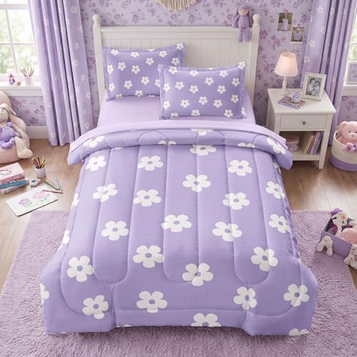 Twin Bedding Set for Girls Lavender Daisy Kids Comforter Set for Teens Purple Bed in a Bag Floral Microfiber Bed Sheet Sets