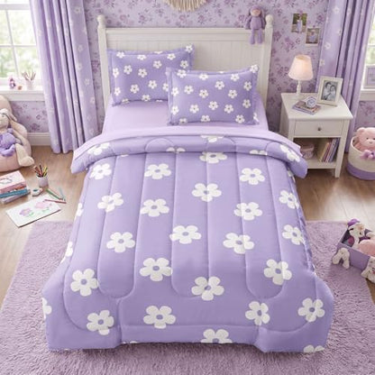 Twin Bedding Set for Girls Lavender Daisy Kids Comforter Set for Teens Purple Bed in a Bag Floral Microfiber Bed Sheet Sets