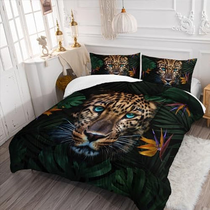 Nttopship Leopard Comforter Set King Size,100% Soft Ultra-fine Fiber Four Season Jungle Wild Animal Comforter Set,with 1 Comforter and 2 Pillow Case