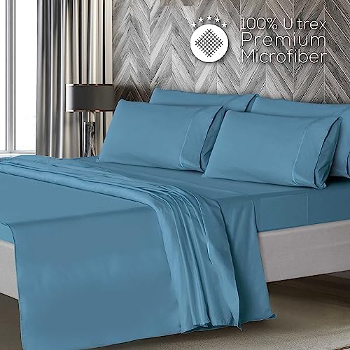 Mueller UltraTemp 6 PC Queen Sheet Set - Ultra-Soft Luxury Series, Cooling & Breathable Hotel Luxury Bed Sheets, Deep Pocket Wrinkle-Free Oeko-TEX, Denim