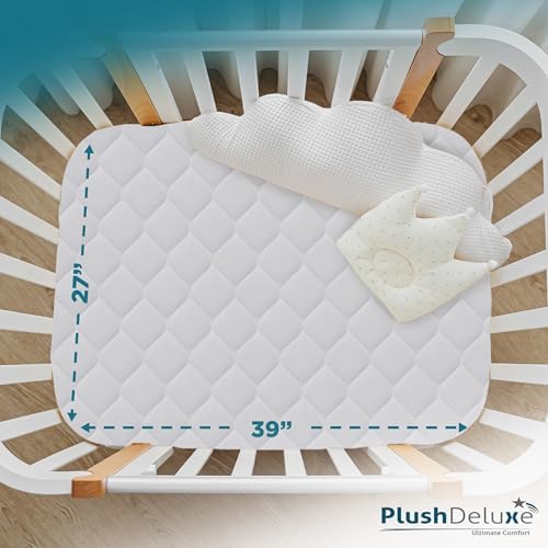 PlushDeluxe Pack and Play Mattress Protector, 39”x27”, Waterproof Playard Pack N Play Mini Crib Cover, Soft Viscose Made from Bamboo with Quilted Terry Cotton Top, Noiseless White Fitted Sheet Style