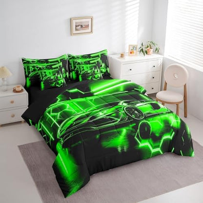 Feelyou Speed Sports Car Comforter Set with Sheets Twin Size Kids Race Car Honeycomb 7 Pieces Bedding Set for Boys Girls Teens Racing Car Bed in a Bag Extreme Sports Bed Set Green Black