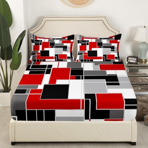 Feelyou Geometric Stripe Sheet Set Kids Abstract Art Rectangle Bed Set for Women Men Modern Bed Sheets Red White Black Sheets Bedroom Collection 4Pcs Full Size