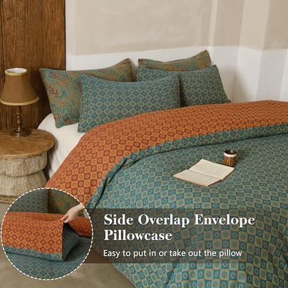 Simple&Opulence Muslin Duvet Cover Set Queen Size, 100% Washed Cotton 3 Pieces Yarn-Dyed Vintage Teal Green Floral Jacquard Textured Bedding, Soft Breathable Gauze Comforter Cover with Zipper Closure