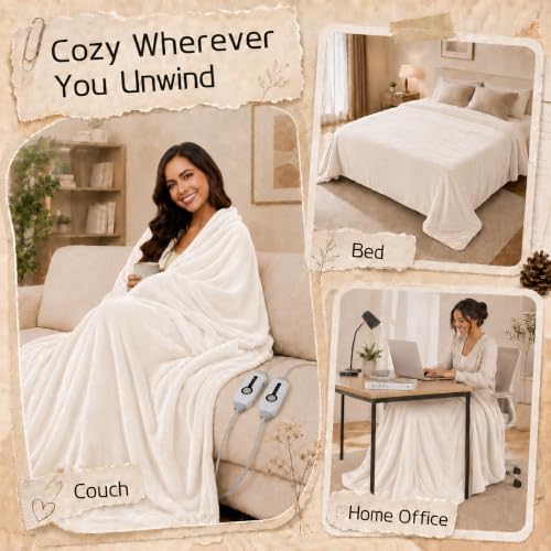 ReyyNio Electric Heated Blanket King Size 90"x100", Dual Controllers, Beige