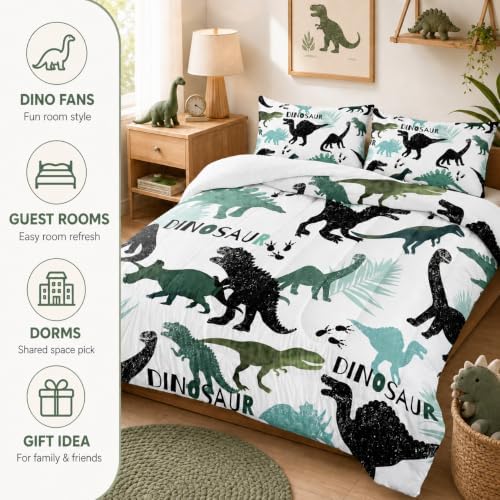 AILONEN Dinosaur Full Kids Bedding Set,Black and Green Dinosaur Comforter Set All Season,Tropic Leaves and Roaring Dinosaur Silhouette Printed Soft Comforter with 2 Pillowcases for Boys