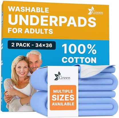 GREEN LIFESTYLE Washable Underpads - Large Bed Pads for use as Incontinence Bed Pads, Reusable Pet Pads, Great for Dogs, Cats, Bunny, Seniors Bed Pad (Pack of 2 - 34x36)